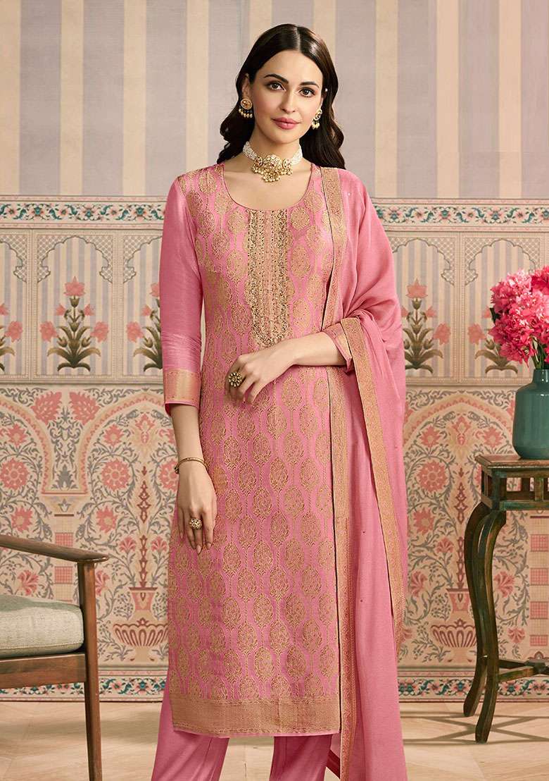 Peach Jacquard Viscose Straight Kurta Set - Indya