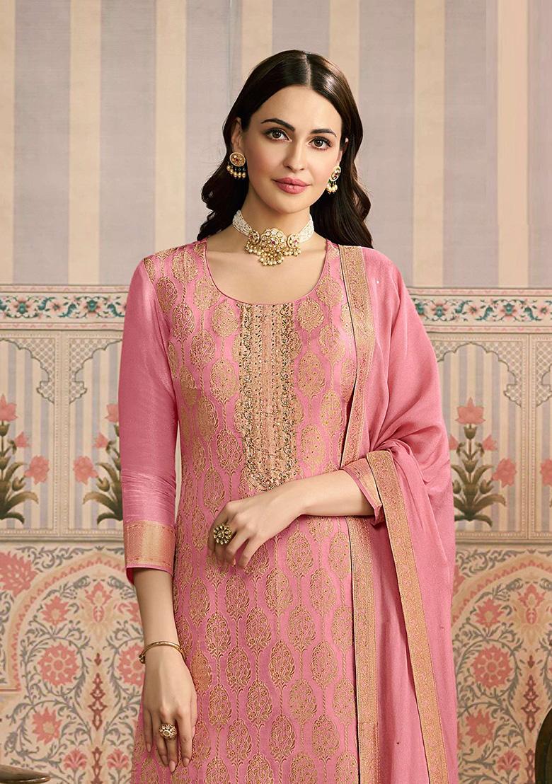 Peach Embroidery Viscose Kurta Set - Indya