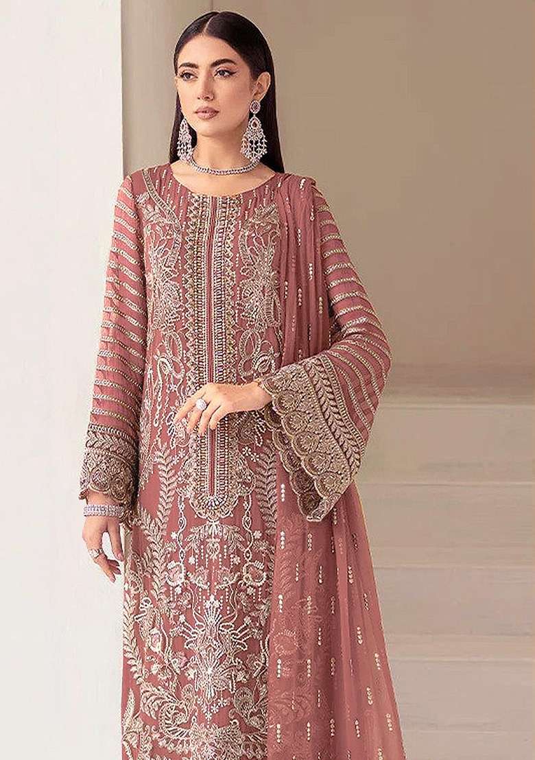 Peach Jacquard Viscose Straight Kurta Set - Indya
