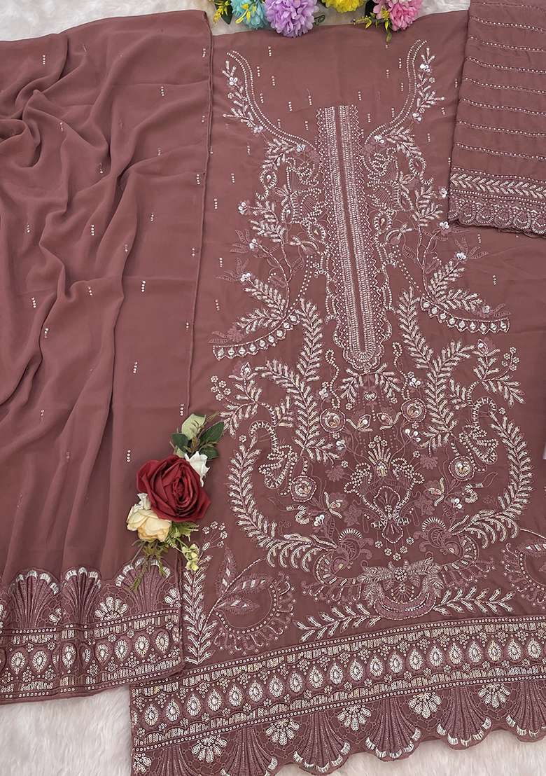 Badami Embroidered Georgette Pakistani Suit Set - Indya