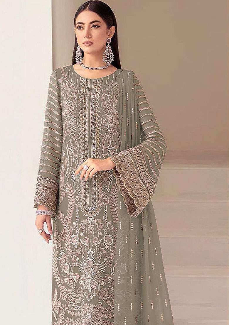 Mehendi Embroidered Georgette Pakistani Suit Set - Indya