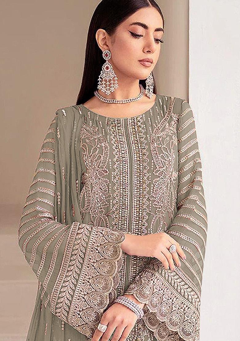 Mehendi Embroidery Georgette Kurta Set - Indya