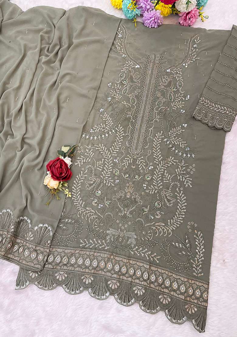 Mehendi Embroidered Georgette Pakistani Suit Set - Indya