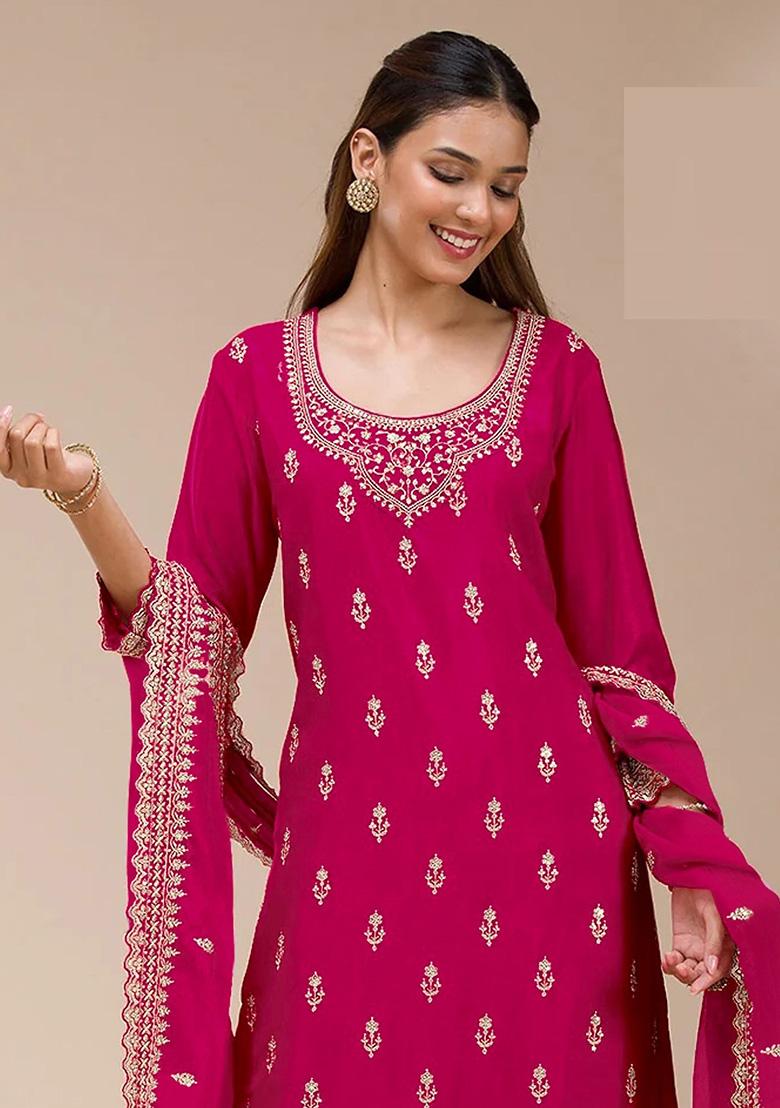 Red Embroidery Georgette Kurta Set - Indya