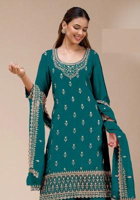 Teal Embroidery Georgette Kurta Set