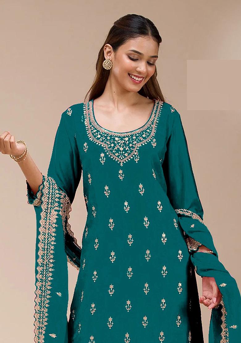 Teal Embroidery Georgette Kurta Set - Indya