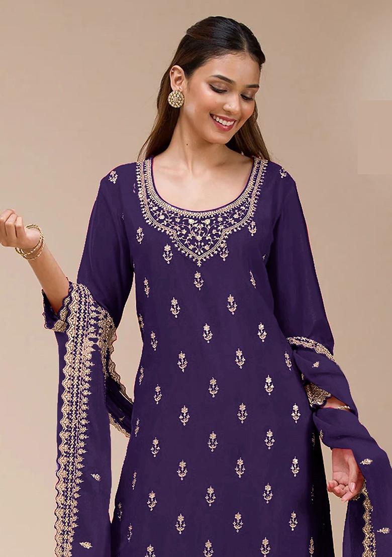 Blue Embroidery Georgette Kurta Set - Indya