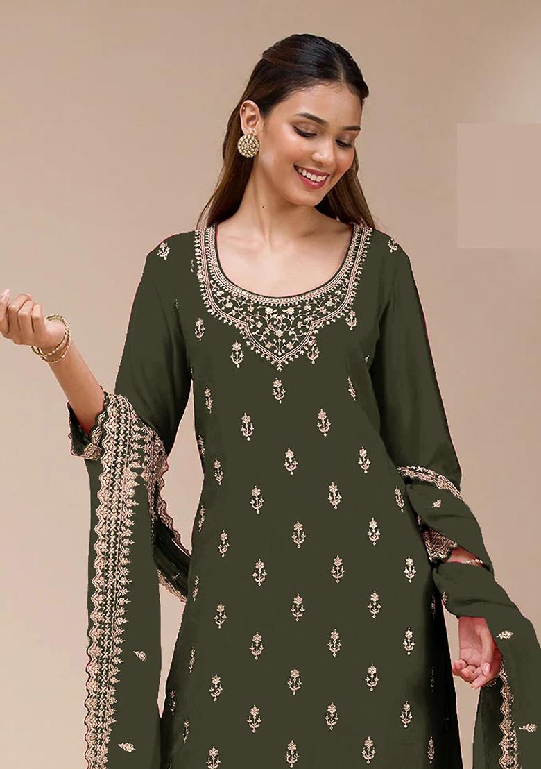 Green Embroidery Georgette Kurta Set - Indya