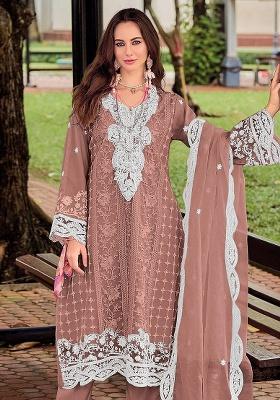Peach Embroidery Silk Kurta Set