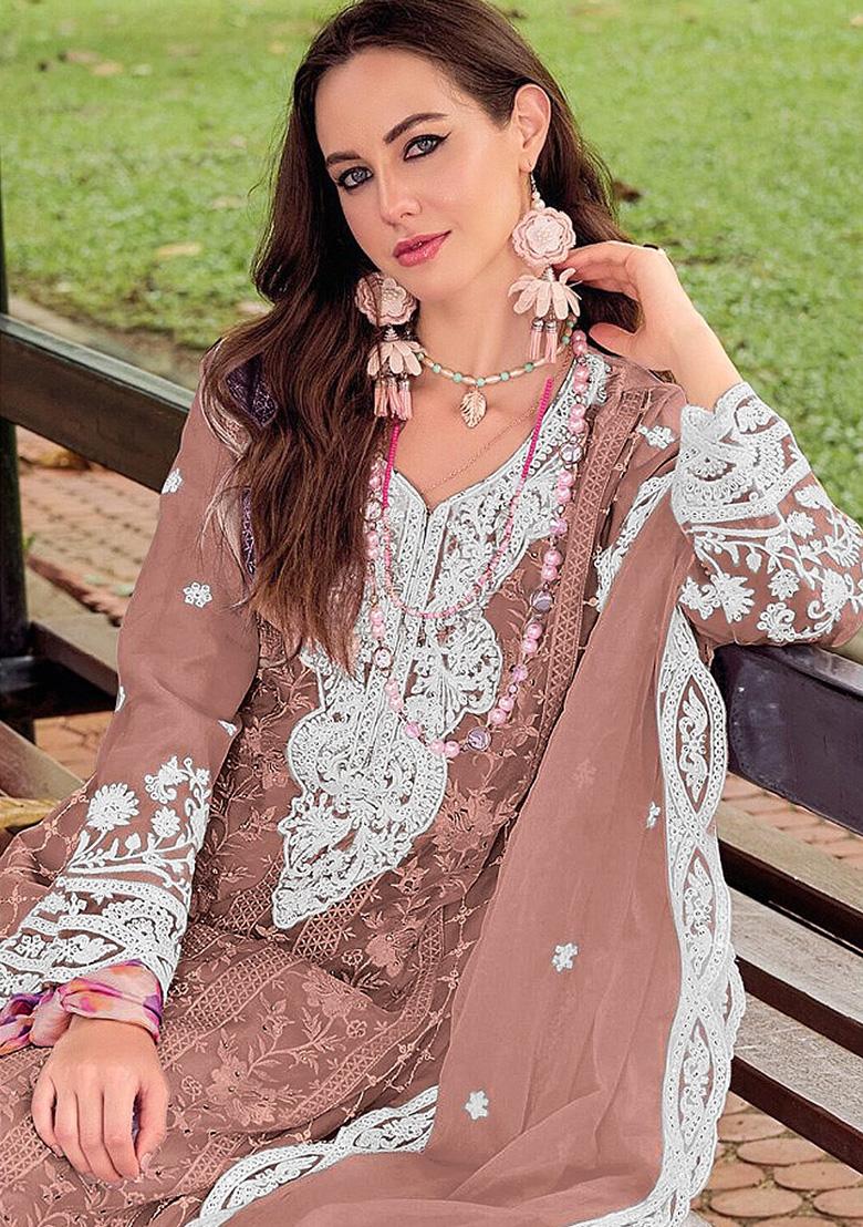 Peach Embroidery Silk Kurta Set - Indya
