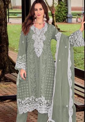 Pista Embroidery Silk Kurta Set