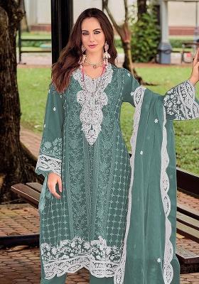 Sky Blue Embroidery Silk Kurta Set