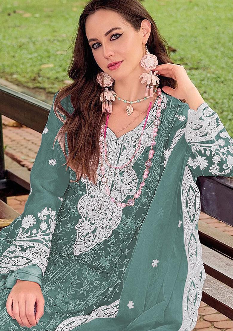 Sky Blue Embroidery Silk Kurta Set - Indya