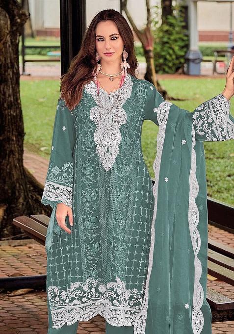 Sky Blue Embroidery Silk Kurta Set