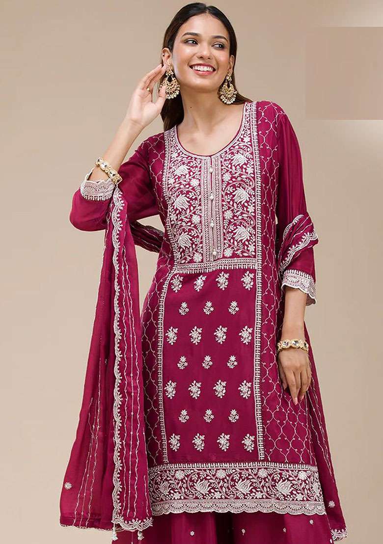 Rani Pink Embroidered Georgette Sharara Set - Indya