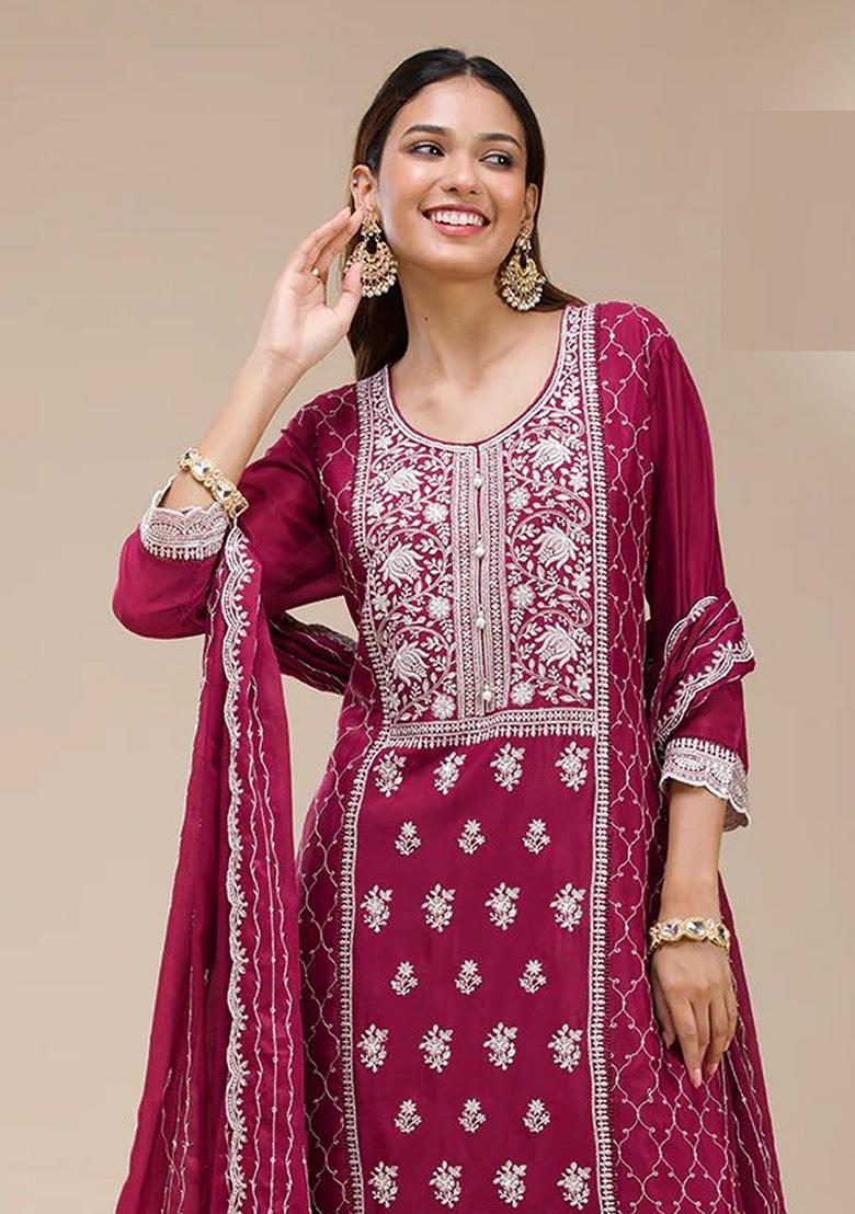 Rani Pink Embroidery Georgette Kurta Set - Indya