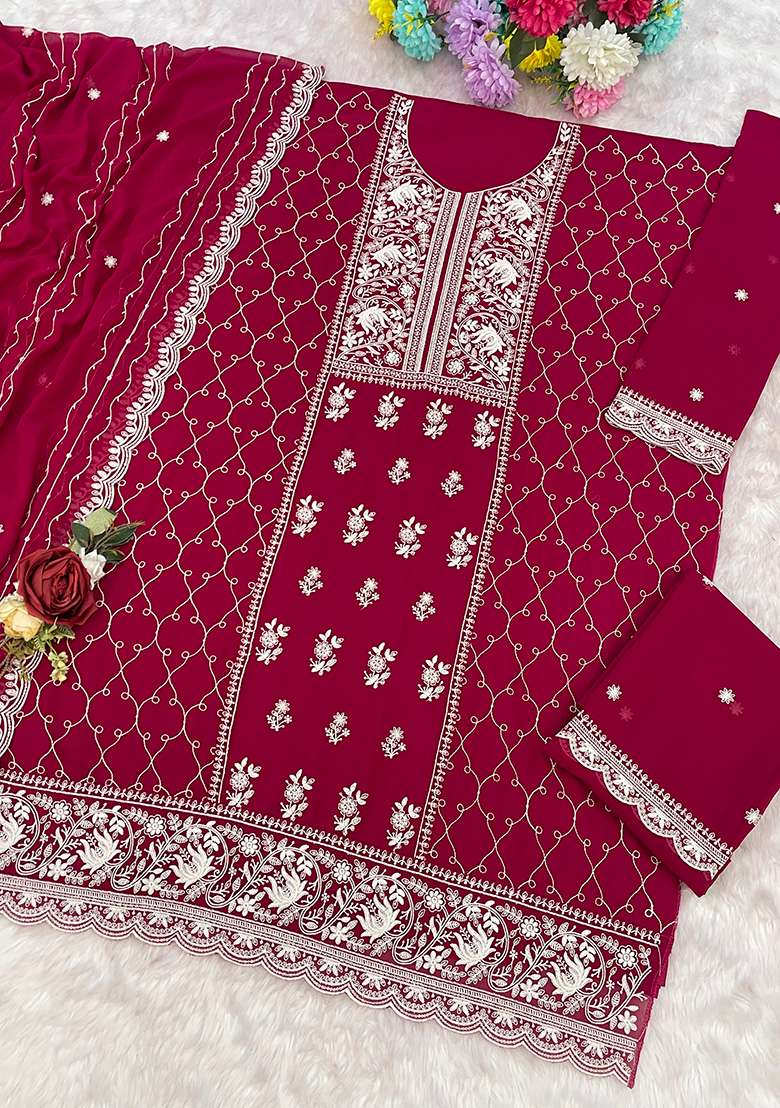 Rani Pink Embroidered Georgette Sharara Set - Indya