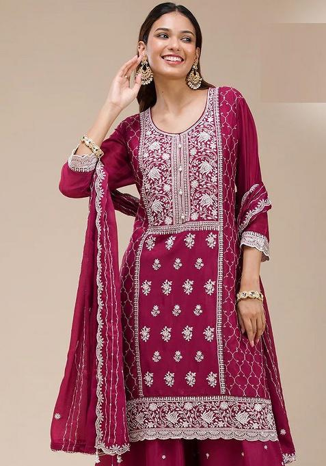 Rani Pink Embroidery Georgette Kurta Set