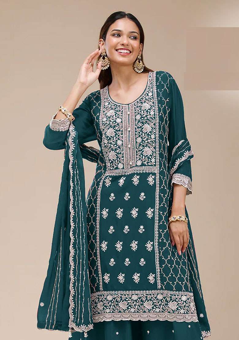 Magenta Embroidered Georgette Sharara Set - Indya