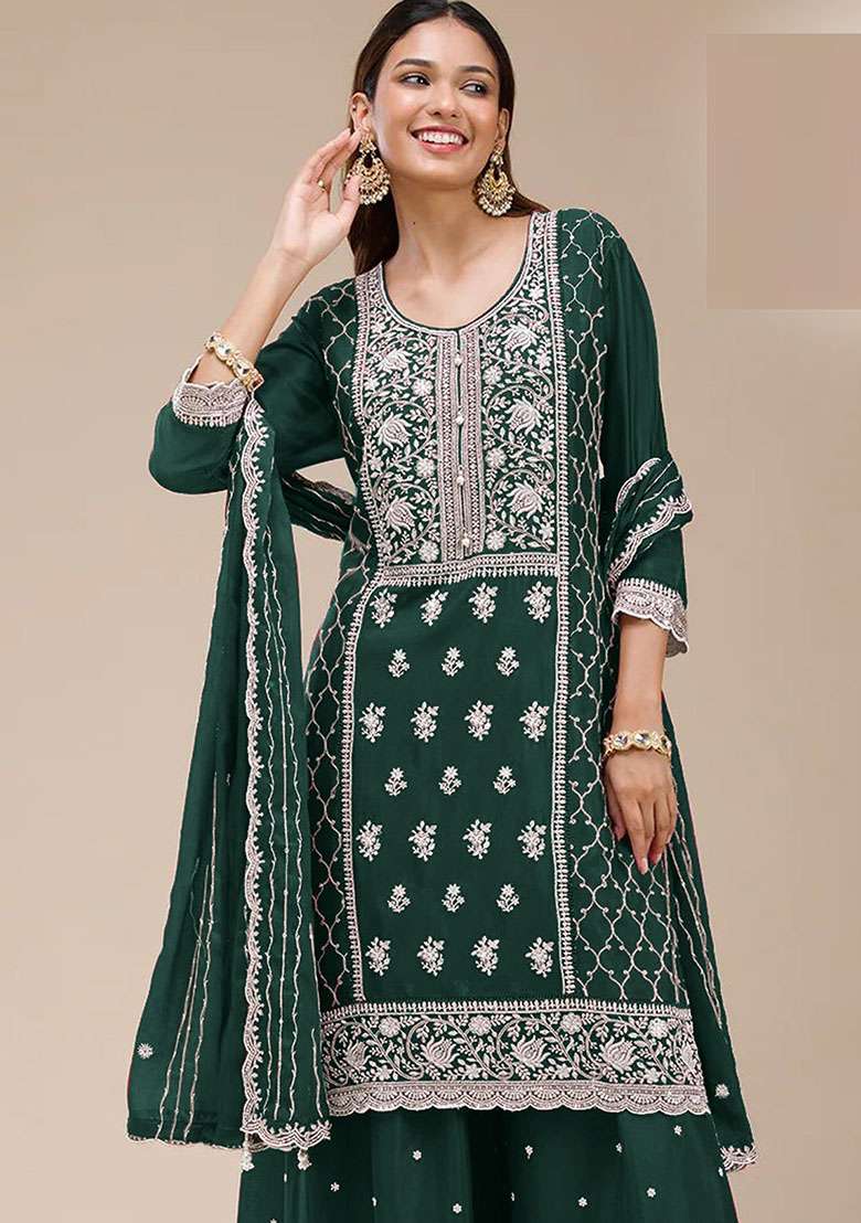 Green Embroidered Georgette Sharara Set - Indya