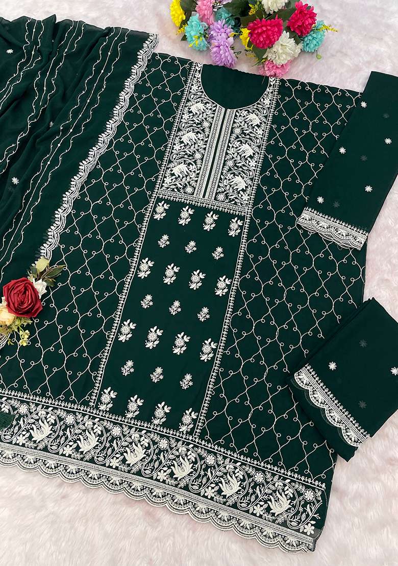 Green Embroidered Georgette Sharara Set - Indya
