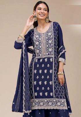 Blue Embroidery Georgette Kurta Set