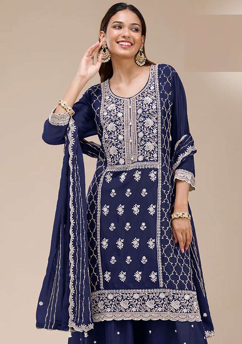 Blue Embroidered Georgette Sharara Set - Indya