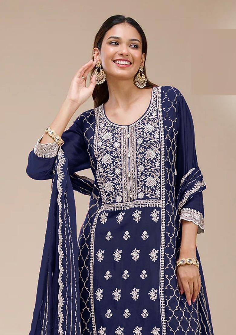 Blue Embroidery Georgette Kurta Set - Indya