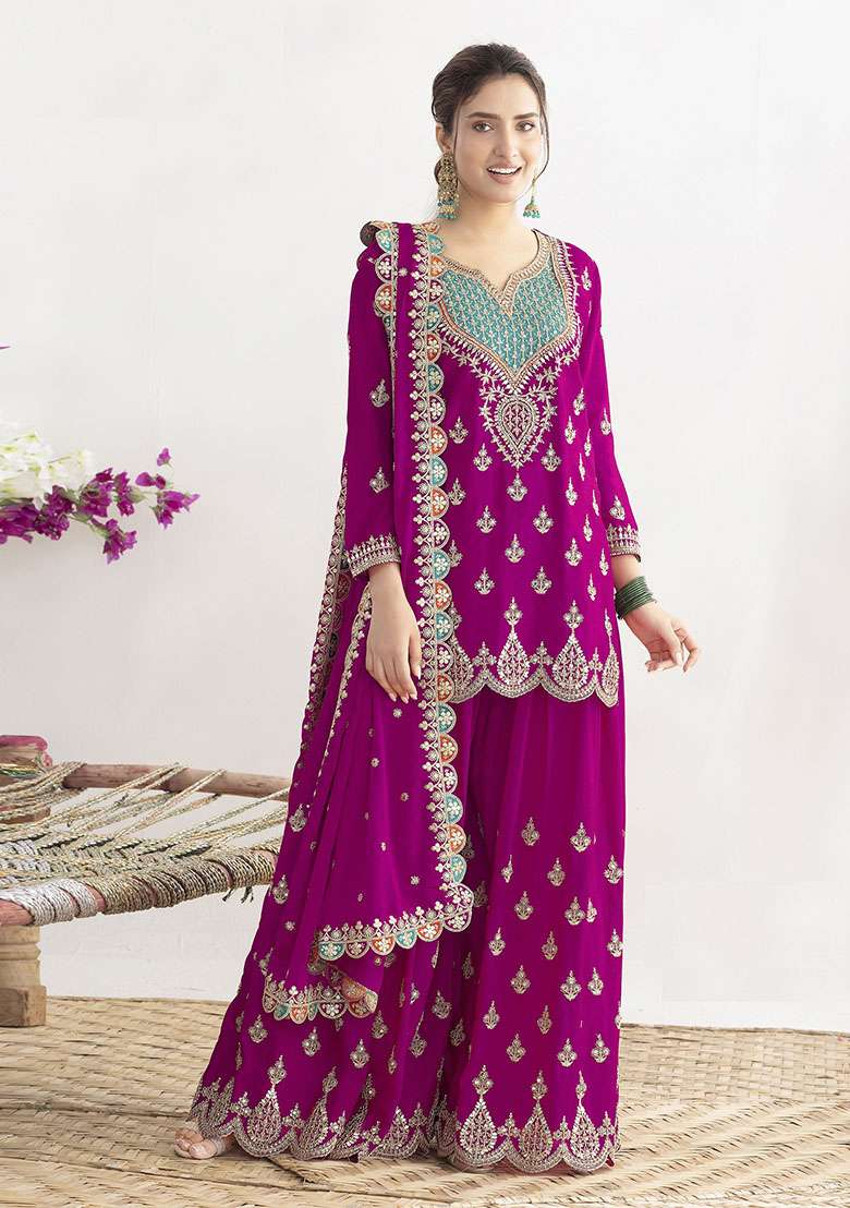 Pink Embroidered Chinon Sharara Set - Indya