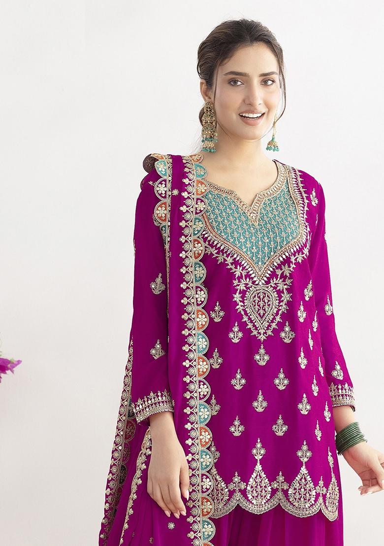 Pink Embroidery Chinon Kurta Set - Indya