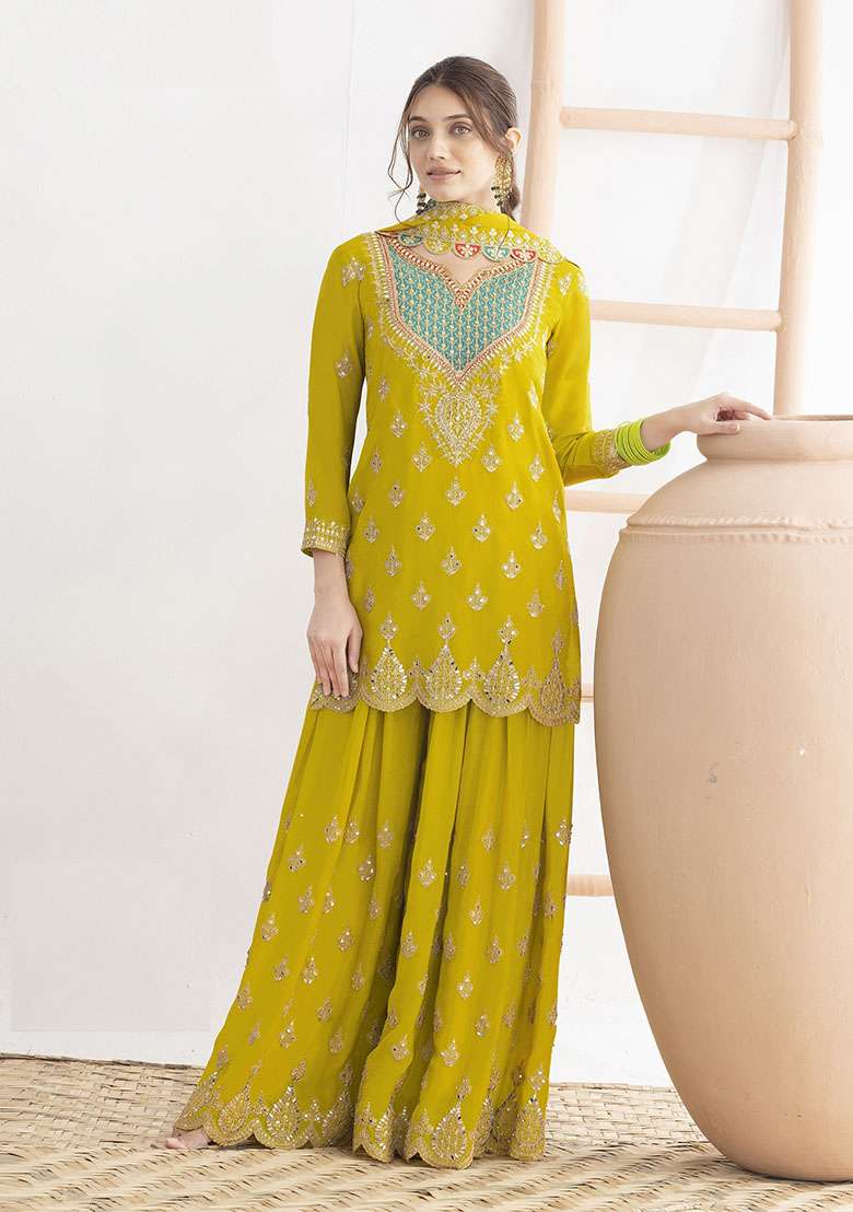 Yellow Embroidered Chinon Sharara Set - Indya