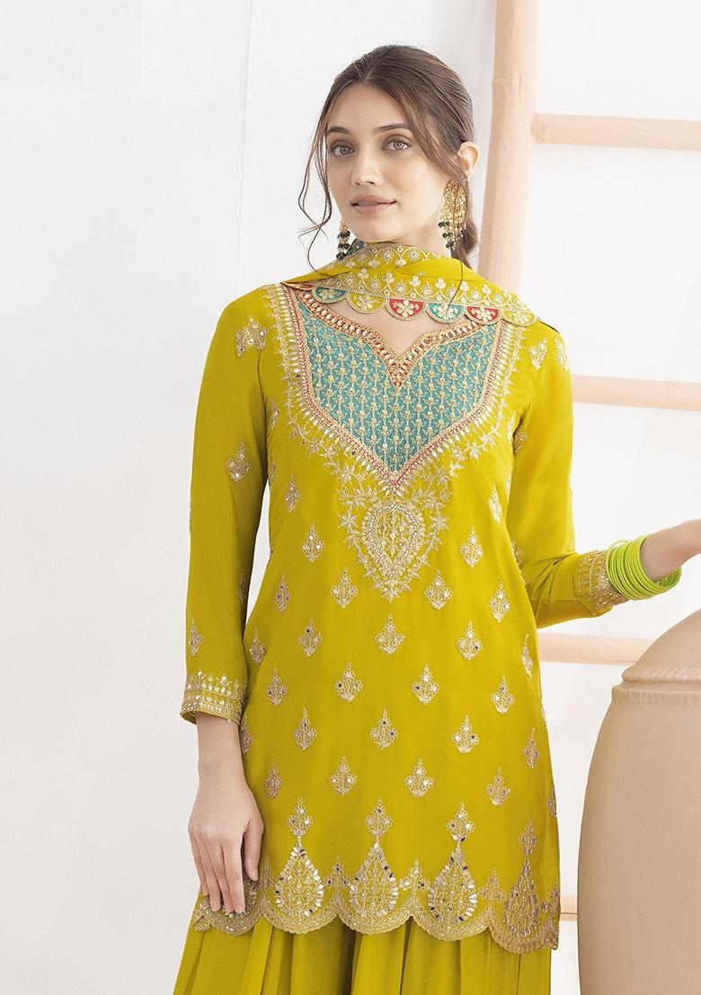 Yellow Embroidery Chinon Kurta Set - Indya