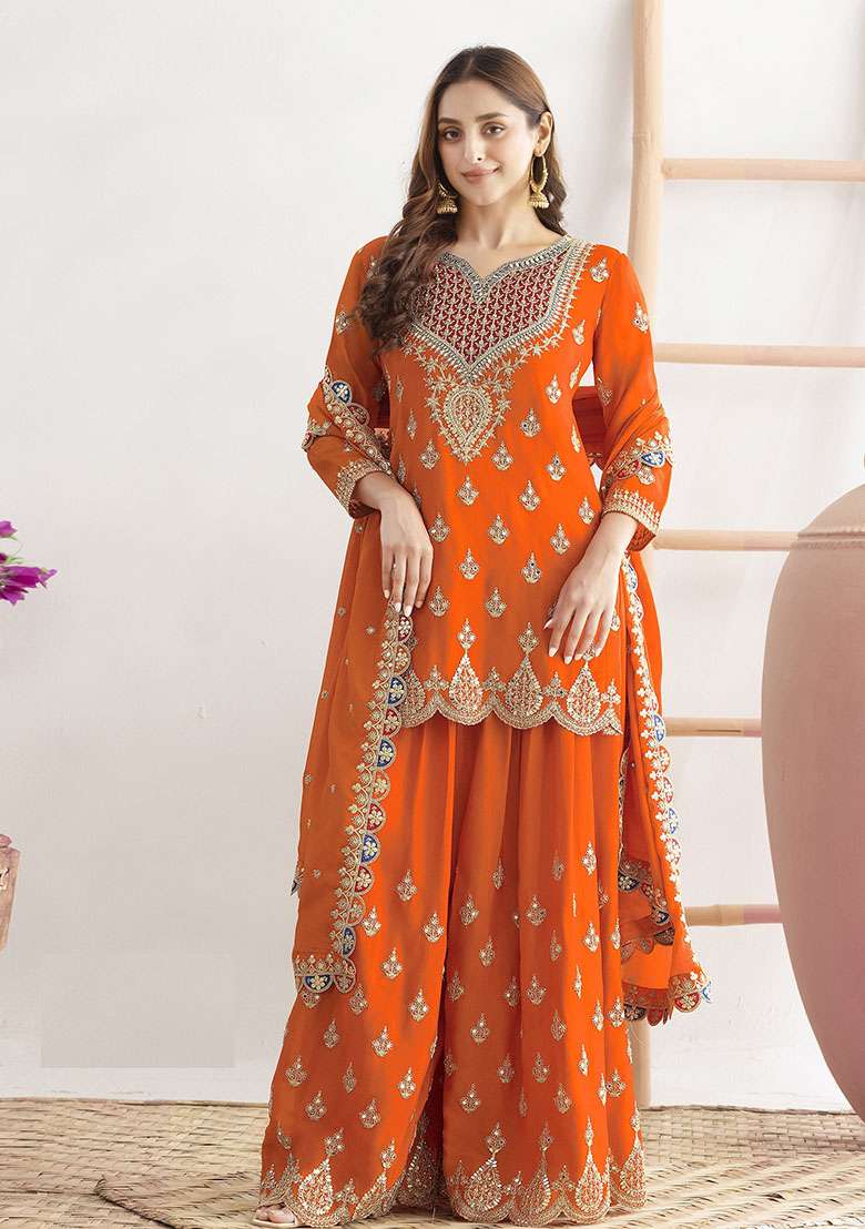 Orange Embroidered Chinon Sharara Set - Indya