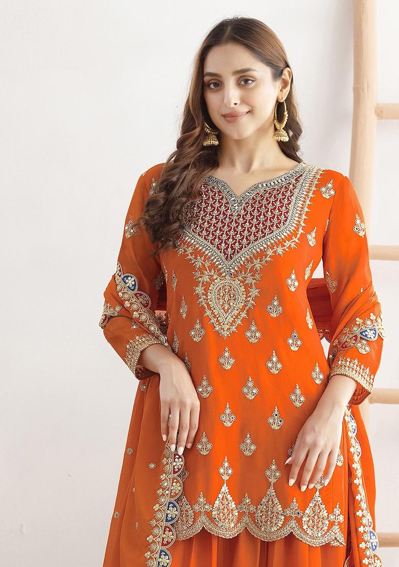 Orange Embroidery Chinon Kurta Set - Indya