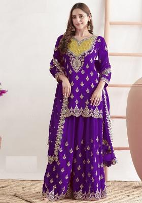 Purple Embroidery Chinon Kurta Set