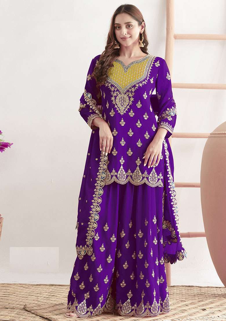 Purple Embroidered Chinon Sharara Set - Indya