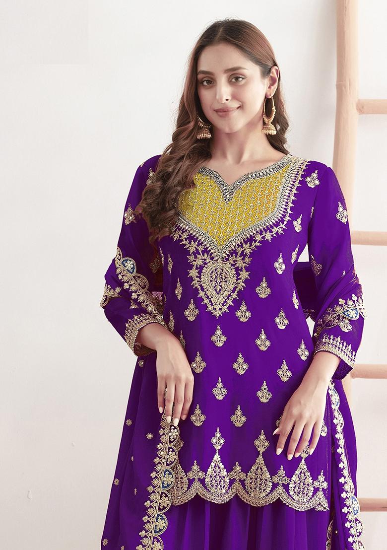 Purple Embroidery Chinon Kurta Set - Indya