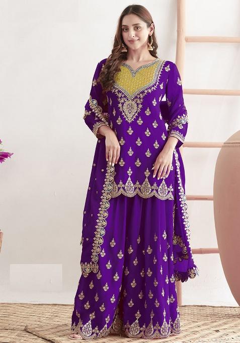 Purple Embroidery Chinon Kurta Set