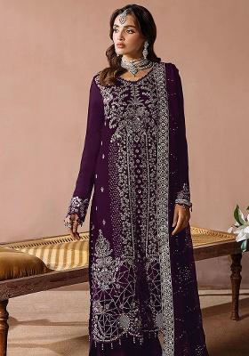 Purple Embroidery Velvet Kurta Set