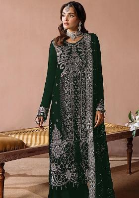 Green Embroidery Velvet Kurta Set