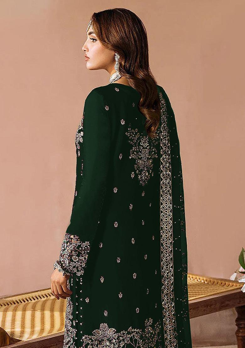 Green Embroidery Velvet Kurta Set - Indya