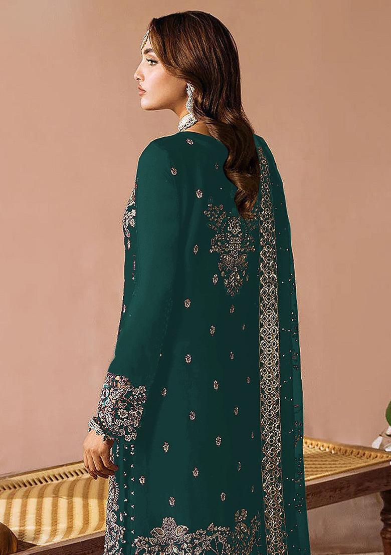 Teal Embroidery Velvet Kurta Set - Indya