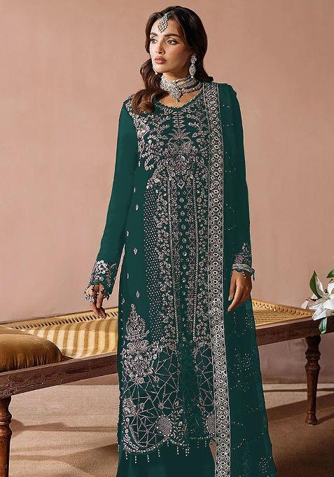 Teal Embroidery Velvet Kurta Set
