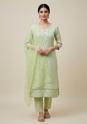 Green Embroidery Chanderi Kurta Set