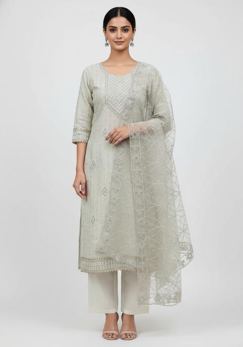Off White Embroidery Chanderi Kurta Set
