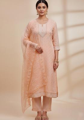 Orange Embroidery Chanderi Kurta Set