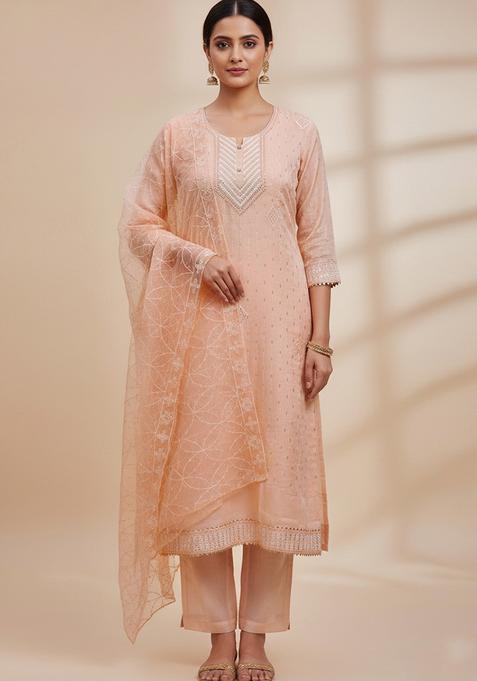 Orange Embroidery Chanderi Kurta Set