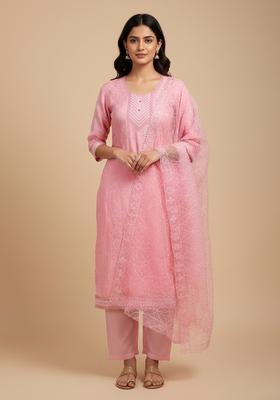 Pink Embroidery Chanderi Kurta Set