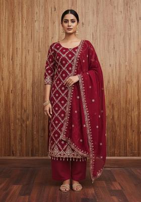 Red Embroidery Georgette Kurta Set