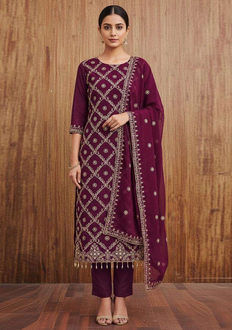 Maroon Embroidery Georgette Kurta Set - Indya